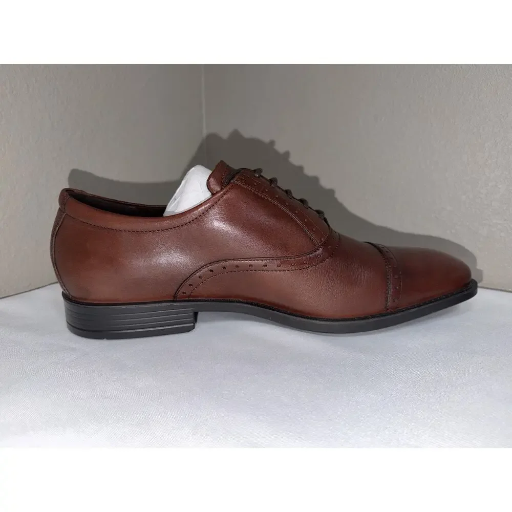 NWOT Ecco Men’s 8.5 Brown Leather Cap Toe Semi Brogue Oxford Lace Up Dress Shoes